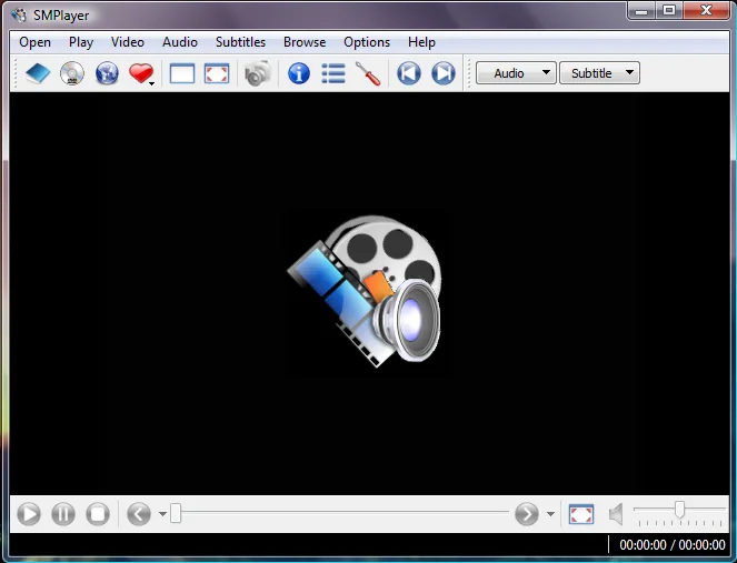 Publisher's historical SMPlayer Windows main window with menus, audio and subtitle selectors, playback controls and an empty video area