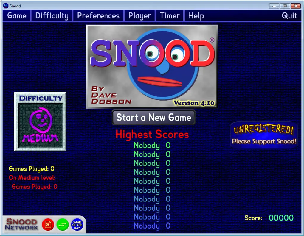 Snood for Windows title screen with Start a New Game, difficulty selector and high scores.