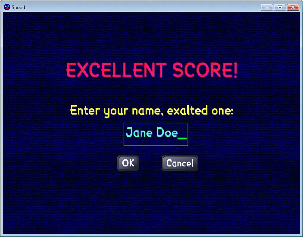 Snood for Windows high-score name-entry screen with OK and Cancel buttons.