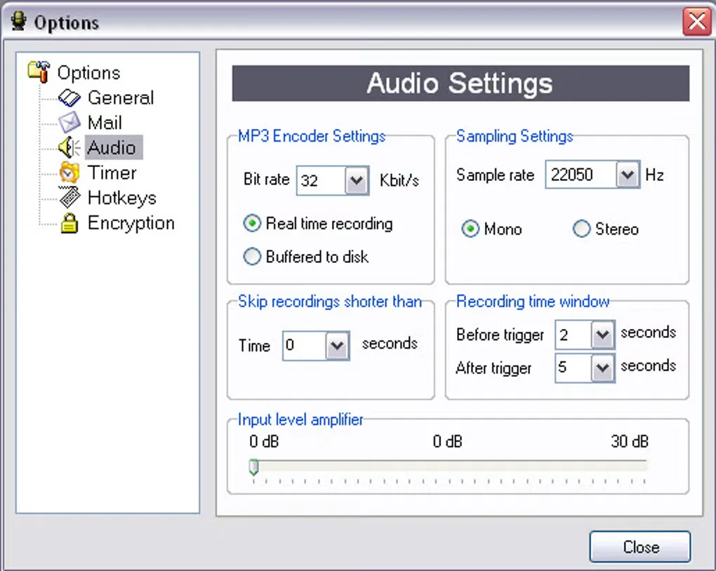 Snooper Audio Settings dialog with MP3 bitrate, sample rate, mono/stereo and before/after-trigger recording controls