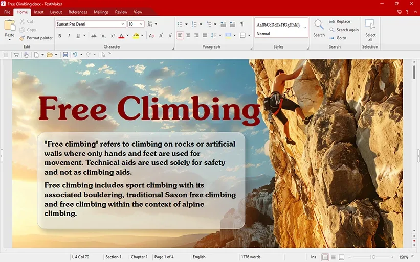 FreeOffice TextMaker for Windows showing ribbon controls and a Free Climbing document with a photograph and formatted text.