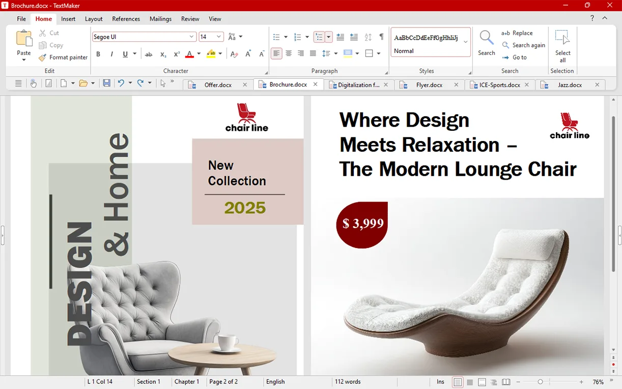 Publisher TextMaker screenshot showing a two-page furniture brochure and ribbon; Windows interface reference, not a macOS capture.