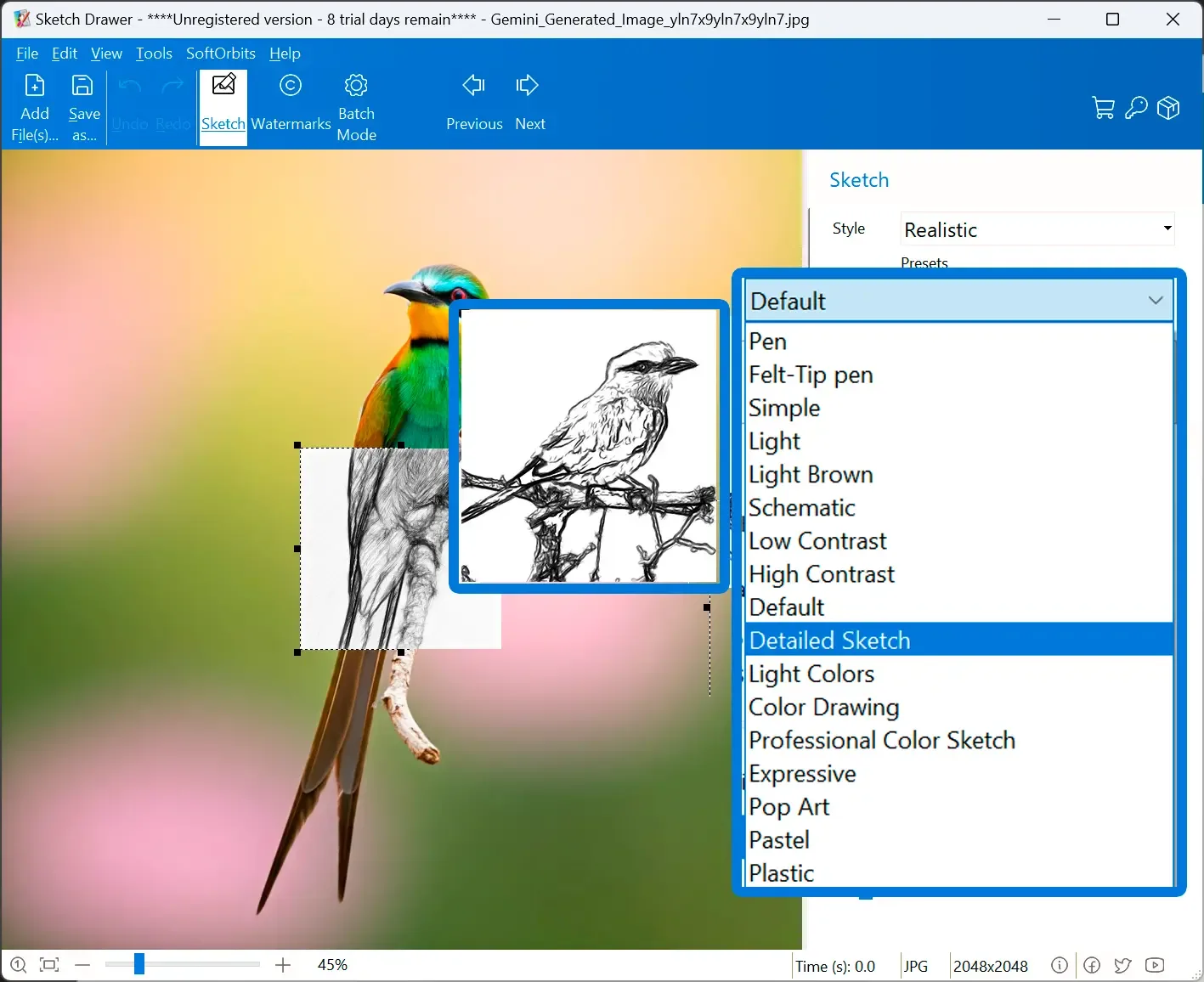 Sketch Drawer for Windows showing a bird photo, drawing controls and the publisher's enlarged preset-menu callout.