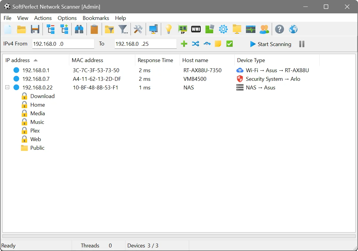 SoftPerfect Network Scanner on Windows showing an IPv4 range, three discovered devices and an expanded NAS shared-folder list