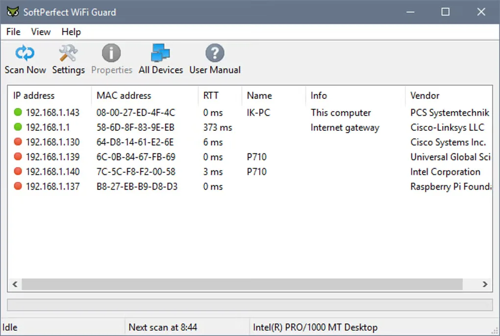 SoftPerfect WiFi Guard Windows device list with IP and MAC addresses, response times, vendors and green or red status markers