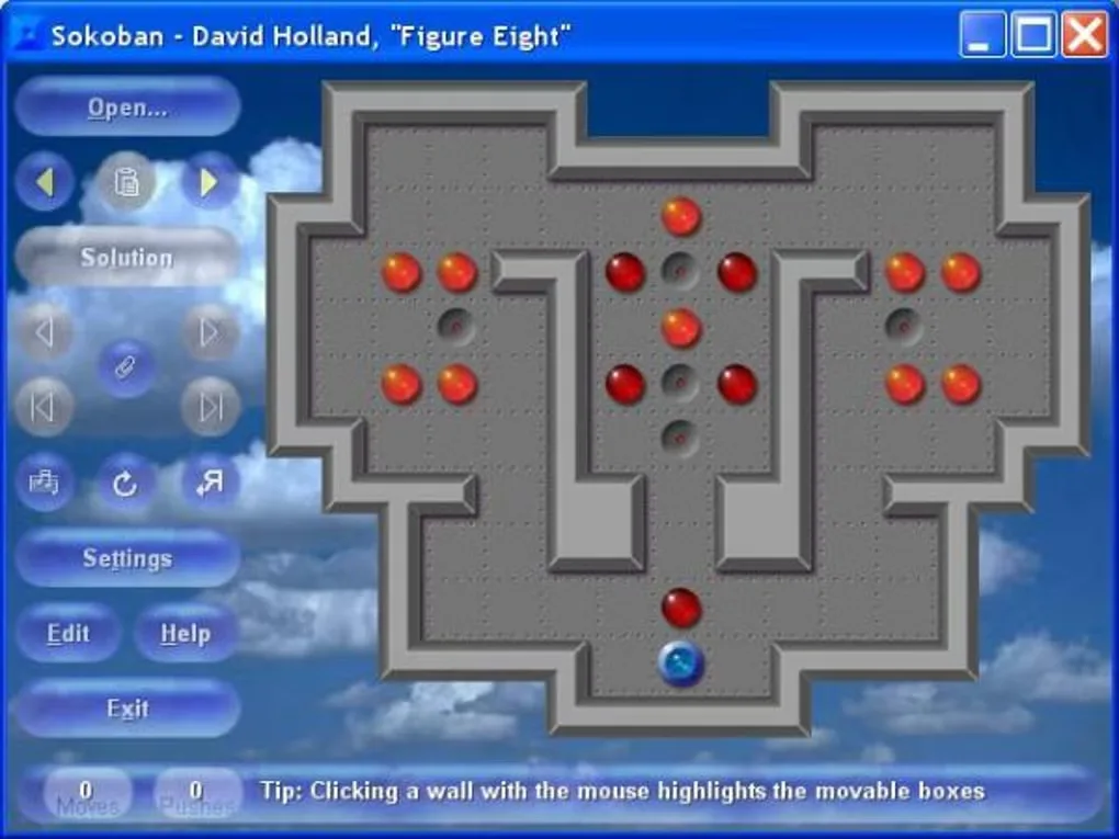 Sokoban YASC gallery image showing the Figure Eight puzzle, red boxes, a blue player and left-side game controls in an older Windows interface.