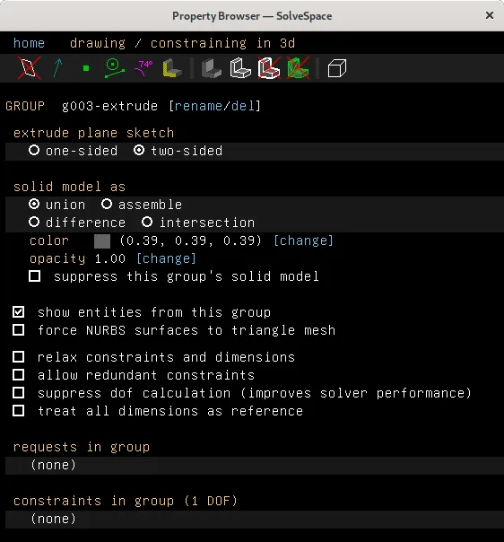 Publisher tutorial screenshot of SolveSpace's Property Browser with a two-sided extrusion and solid-model options; historical interface.