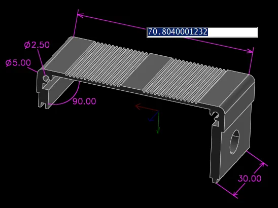 SolveSpace publisher demonstration viewport showing a gray mechanical part, magenta dimensions and an active dimension entry field.