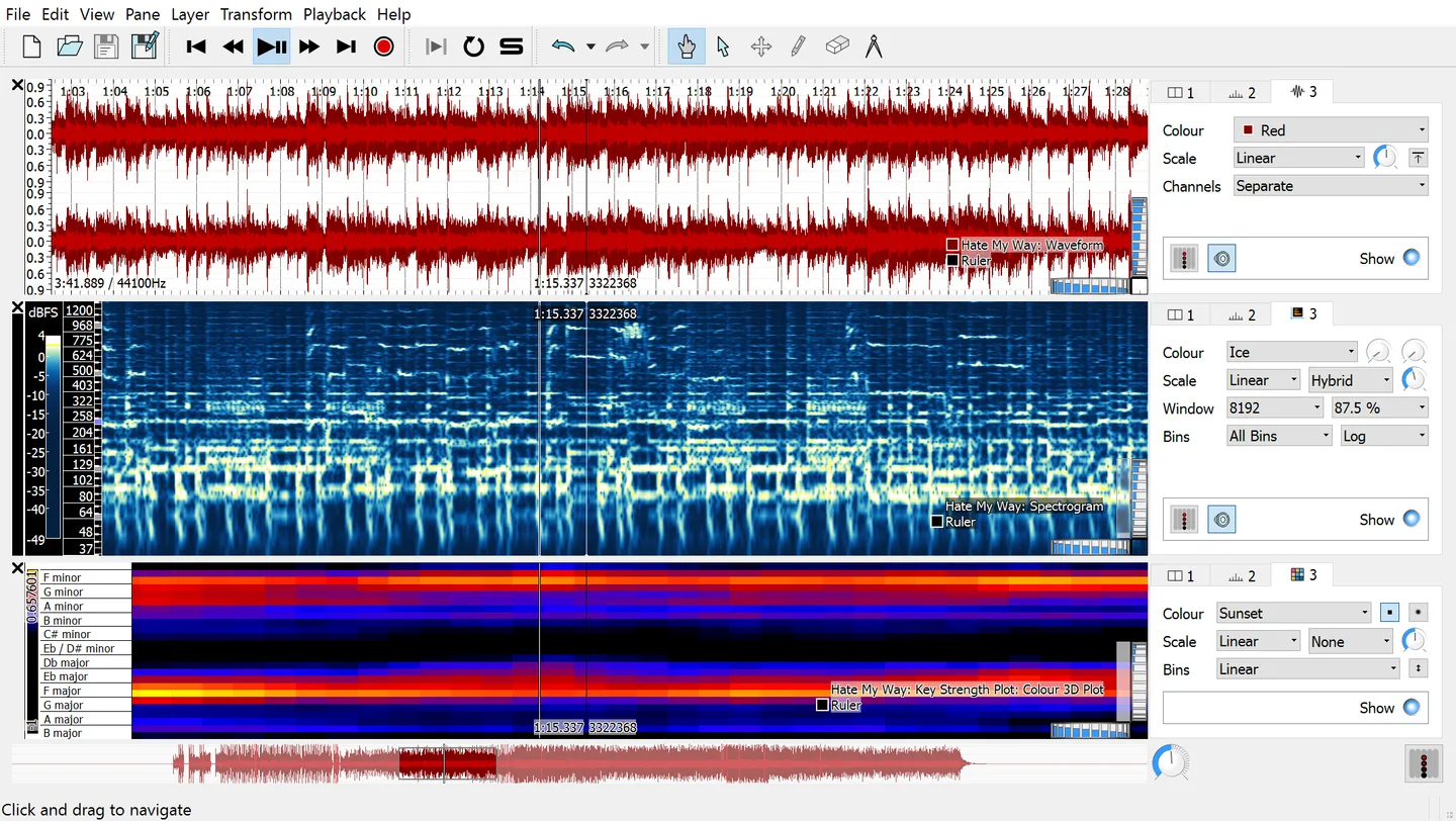 Publisher's older Sonic Visualiser Windows interface showing a stereo waveform, spectrogram and key-strength plot with layer controls.