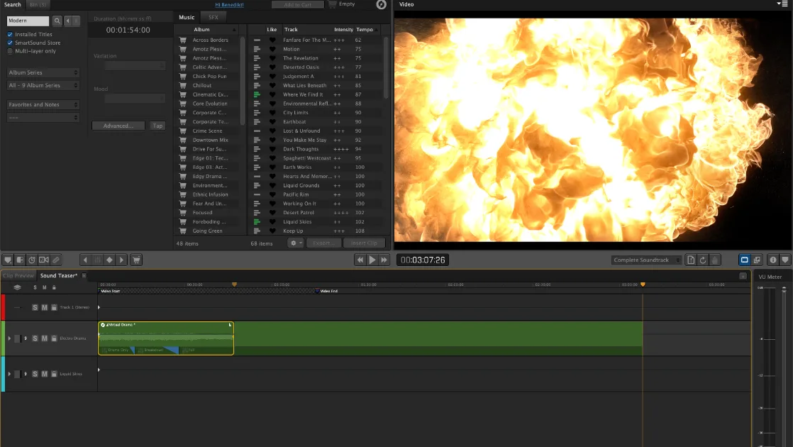 Sonicfire Pro editor with music search, a video preview and layered soundtrack clips on the timeline.