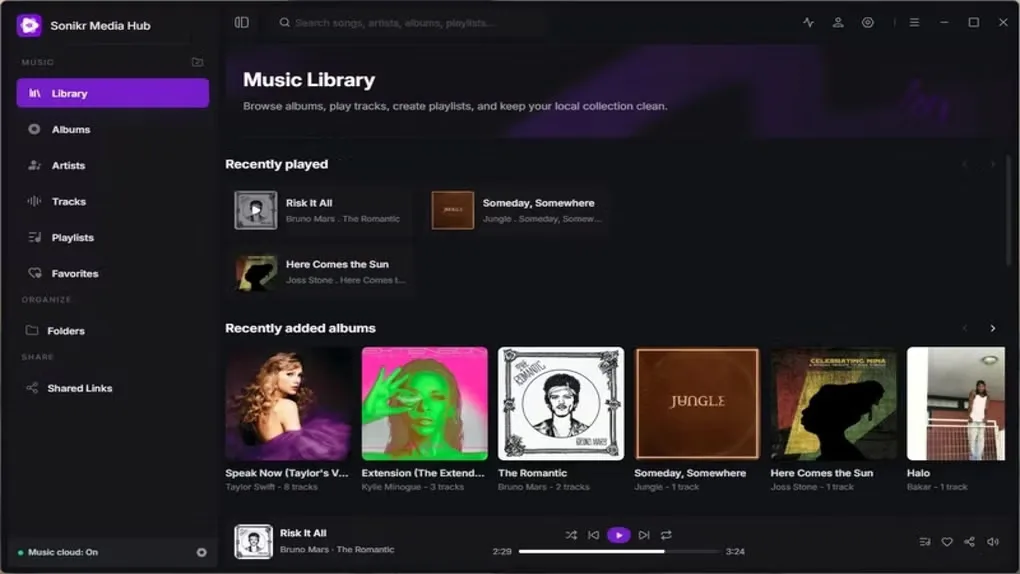 Sonikr Media Hub on Windows showing its music library, recently played tracks, album artwork and playback controls