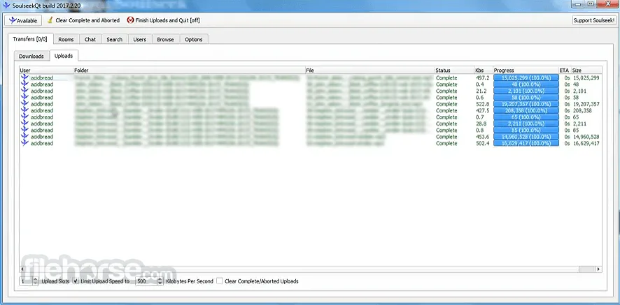Historical SoulseekQt 2017.2.20 Windows interface showing the Uploads queue and Transfers, Rooms, Chat, Search, Users, Browse and Options tabs