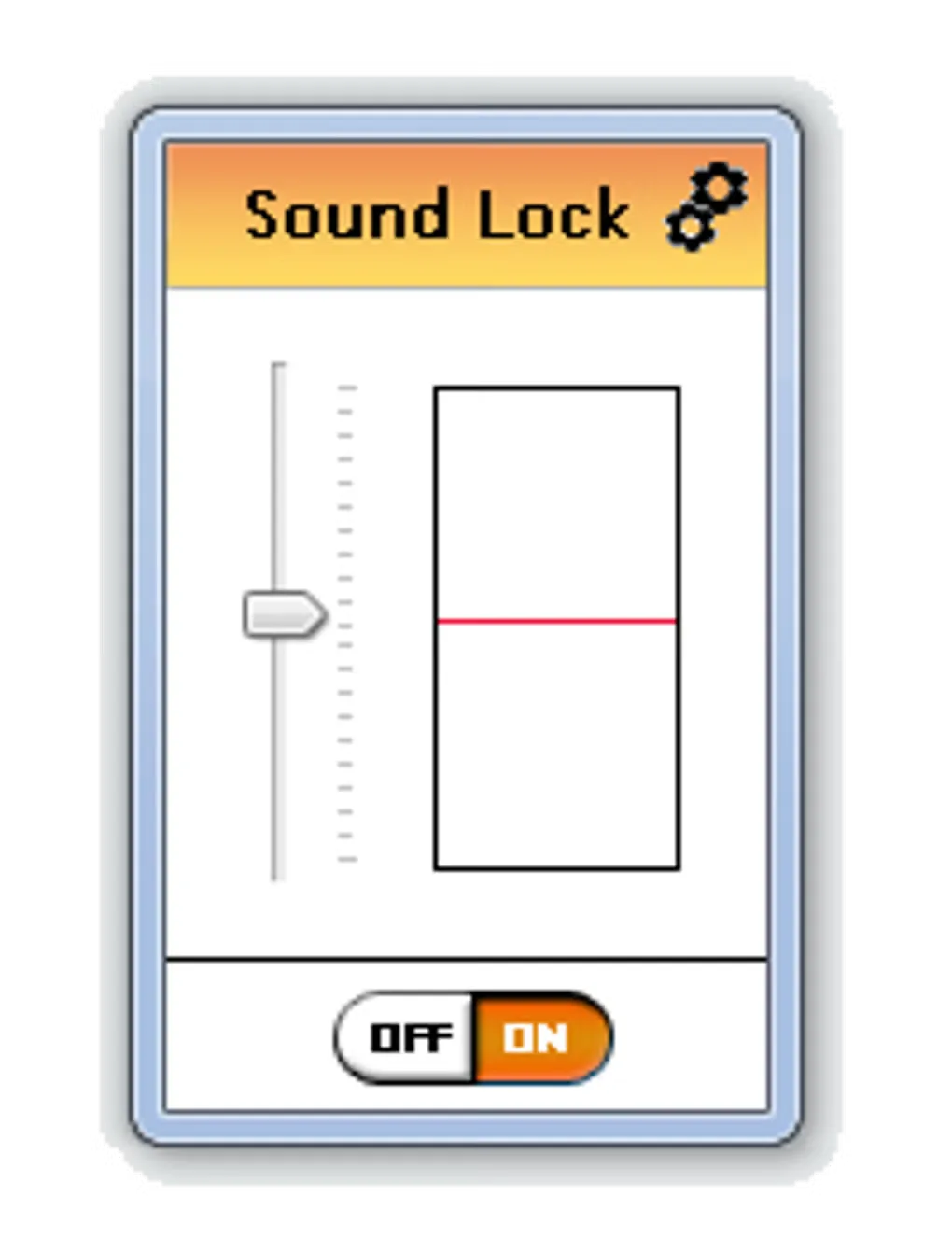 Sound Lock window with a volume limit slider, level display, settings gears and an Off/On switch.