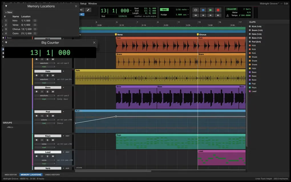 SoundCraft Edit window with colored audio waveforms, MIDI clips, a volume automation curve, Memory Locations and Big Counter panels