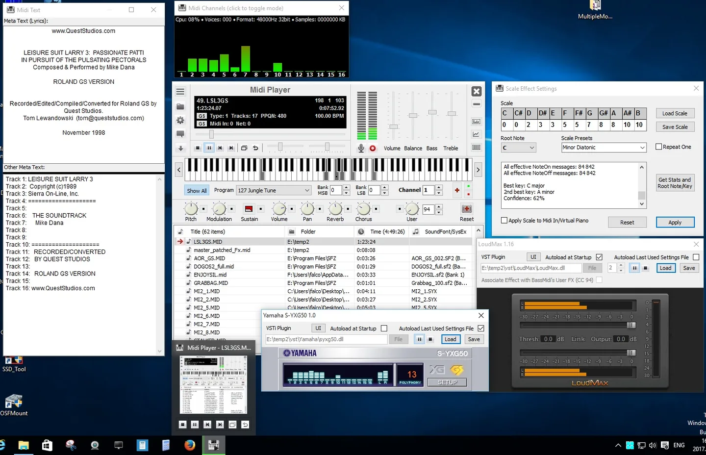 Soundfont Midi Player on Windows with playlist, virtual piano, channel activity, MIDI text and scale settings; third-party plugin windows are also shown.
