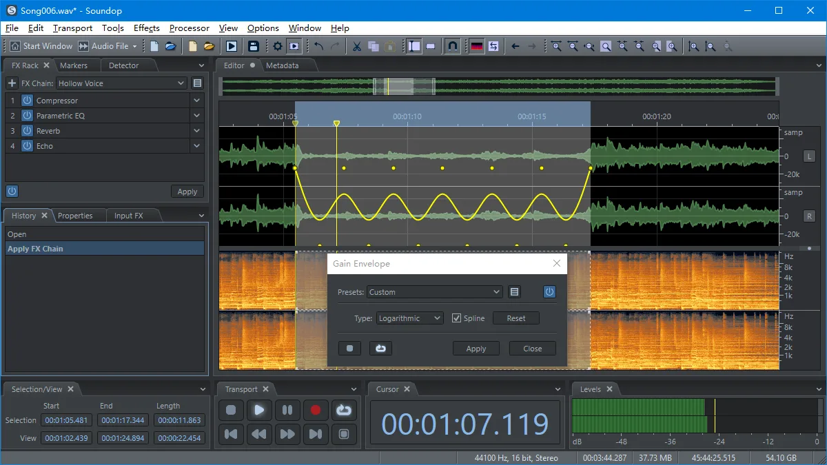 Soundop audio file editor with stereo waveforms, spectrograms, an FX rack and the Gain Envelope dialog.