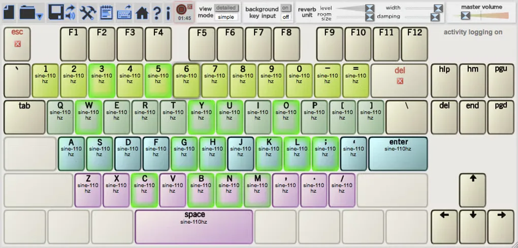 Older Soundplant Mac interface showing colored sample keys, playback highlights and master volume controls
