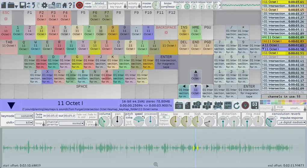 Soundplant soundboard showing colored keyboard sample assignments, active tracks, playback controls, effects and an audio waveform.