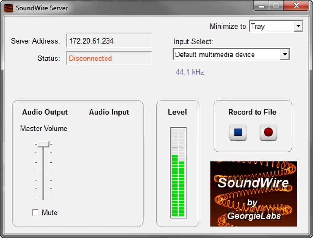 SoundWire Server Windows window with server address, disconnected status, input selector, volume slider, level meter and recording controls