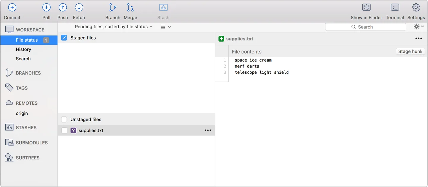 Sourcetree Mac file-status workspace showing an unstaged supplies.txt file, its contents and commit, pull, push, branch and merge controls.