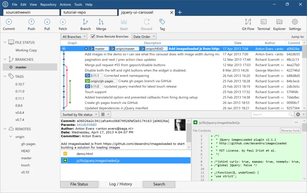 Historical Sourcetree 2.0 for Windows showing repository tabs, a branch graph, commit details and a code diff.