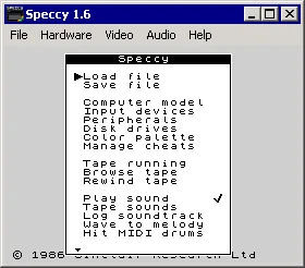 Historical Speccy 1.6 Windows window showing the built-in configuration menu for files, hardware, tape and sound.