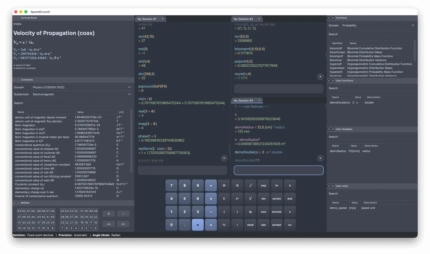 SpeedCrunch on macOS with three calculation sessions, a formula book, constants, a scientific keypad and user-defined function panels.