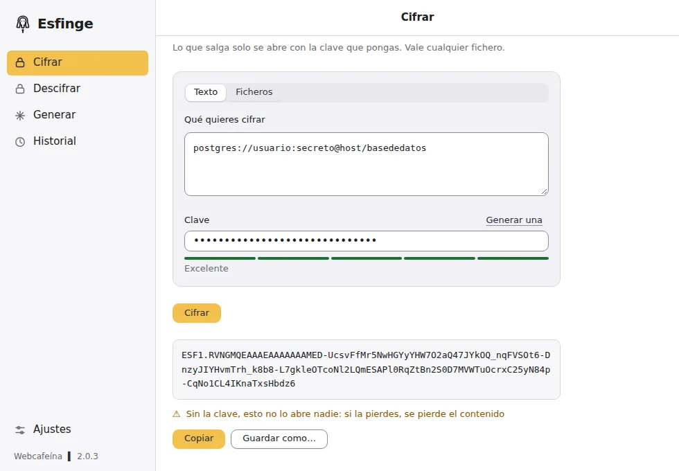 Publisher's older Esfinge light-theme UI in Spanish: text encryption, masked key and ESF1 output; footer version 2.0.3.