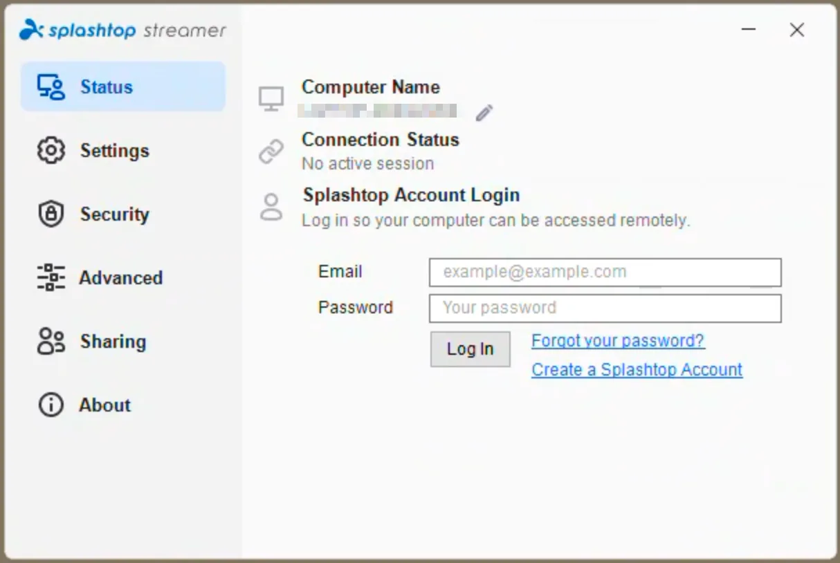 Windows Splashtop Streamer Status panel showing connection status, account-login fields and Settings, Security, Advanced and Sharing tabs