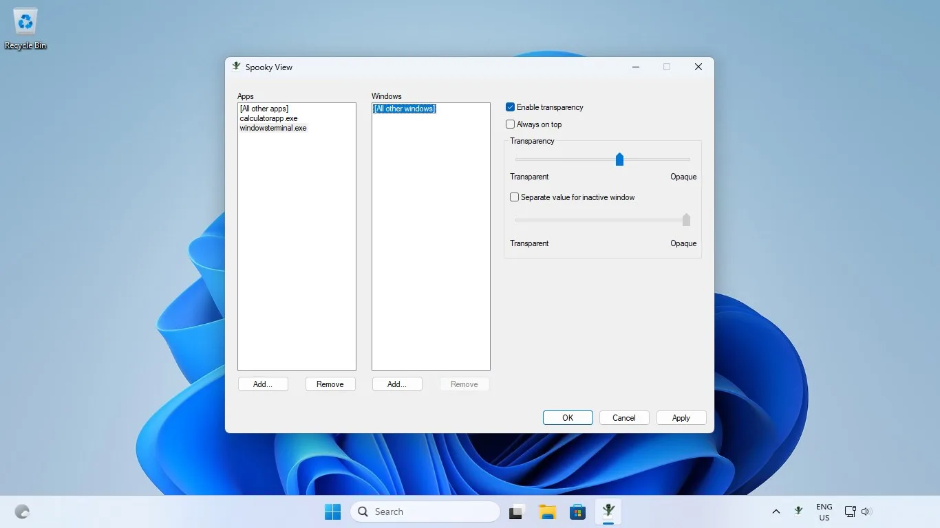 Spooky View on Windows 11, showing app and window lists, transparency sliders and the always-on-top checkbox.