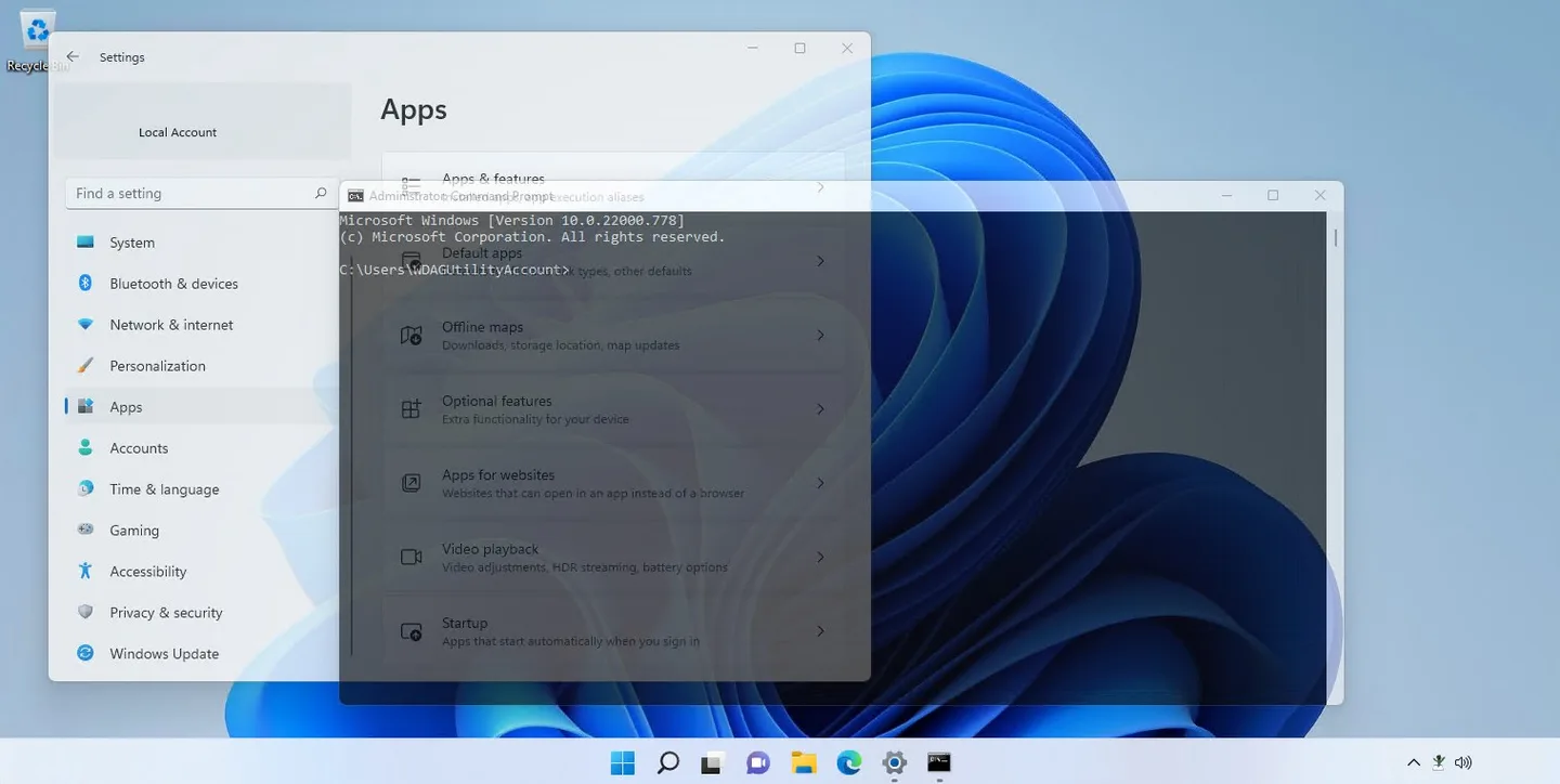 Publisher demonstration of transparent Windows Settings and Command Prompt windows on a Windows 11 desktop.