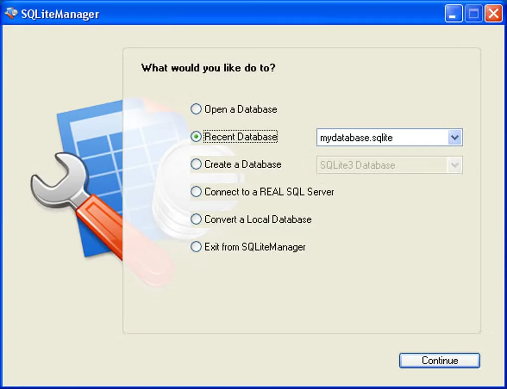 Older SQLiteManager Windows startup window with options to open, create or select a recent database; not verified as version 4.9.2