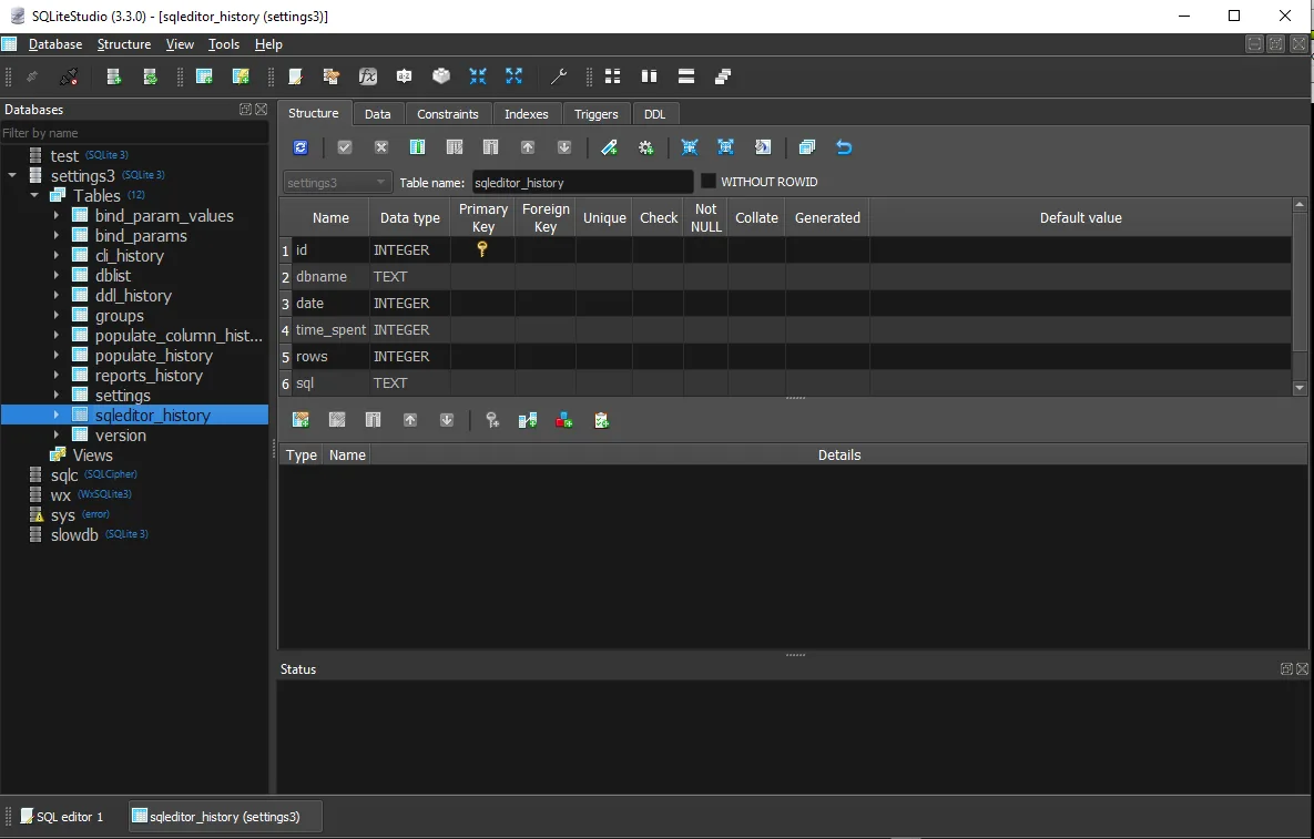 Illustrative SQLiteStudio 3.3.0 Windows screenshot: database tree and table structure in Fusion Dark, not the Mac 3.4.21 build