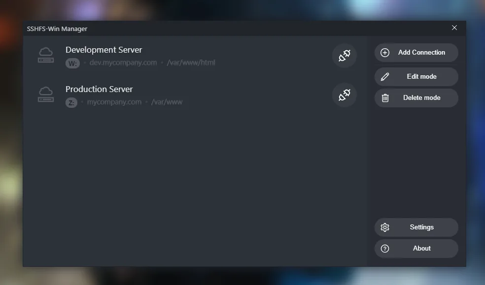 SSHFS-Win Manager main window with Development Server and Production Server profiles, drive letters, and Add Connection, Edit mode and Delete mode controls.