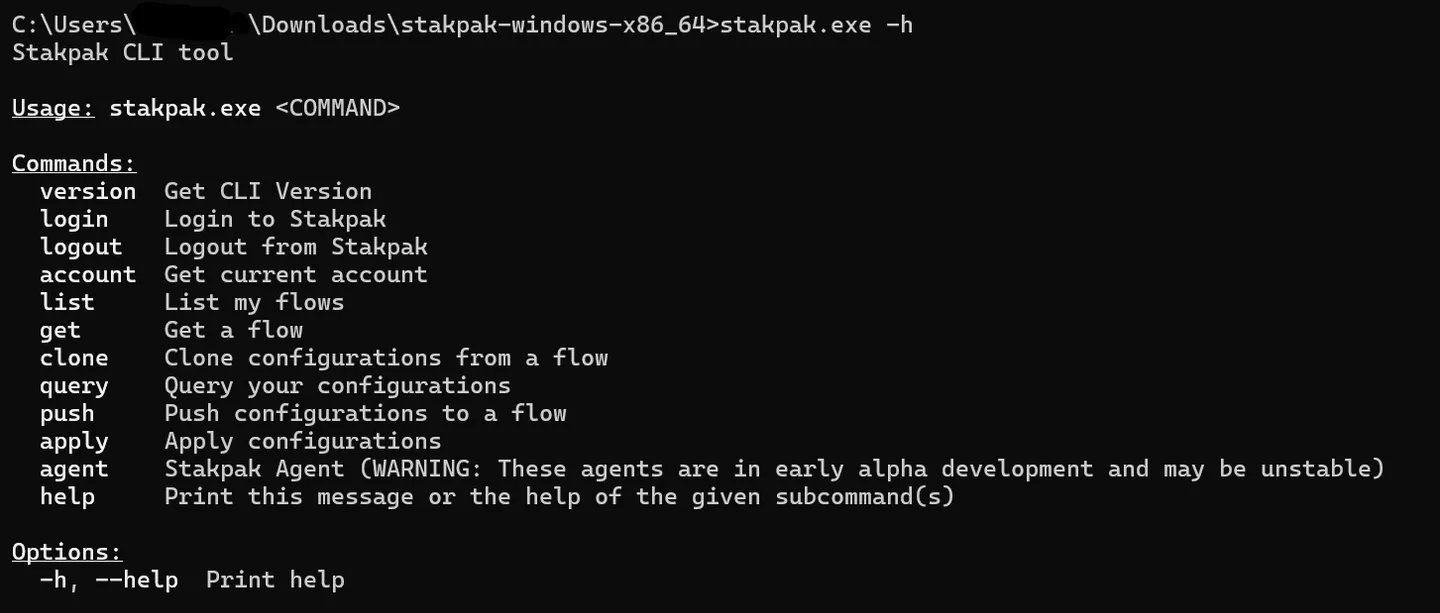 Historical Stakpak CLI help in Windows Command Prompt, from the publisher’s installation guide