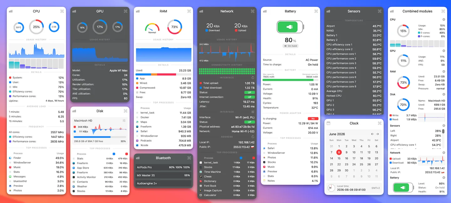 Stats for Mac popup panels showing CPU, GPU, memory, disk, network, battery, sensor and Bluetooth readings.