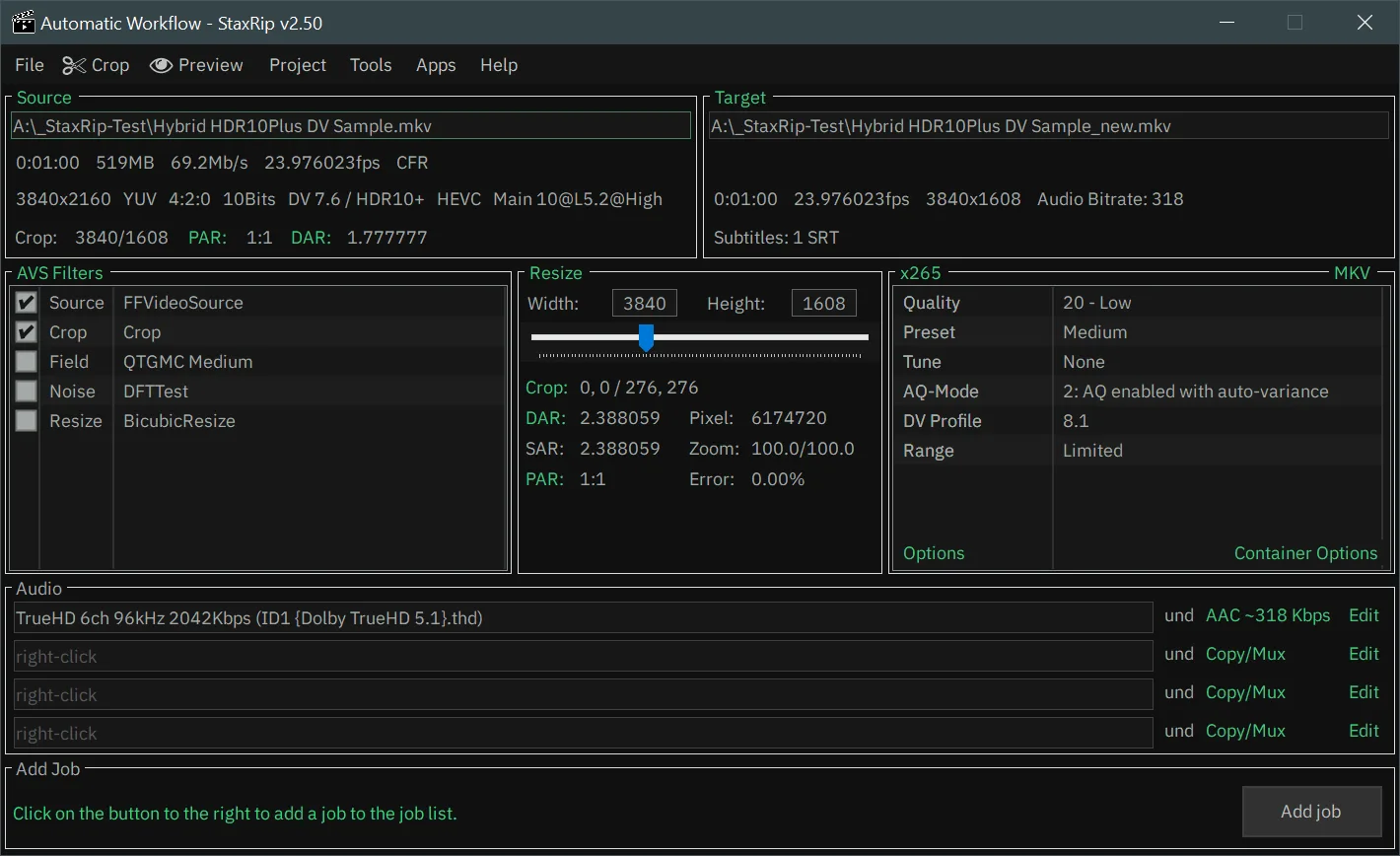 StaxRip v2.50 Windows main window showing source and target details, filters, resizing, x265 options, audio tracks and Add Job.