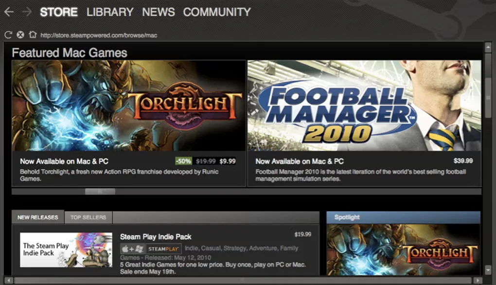 Older Steam for Mac client showing Store, Library, News and Community navigation above Featured Mac Games