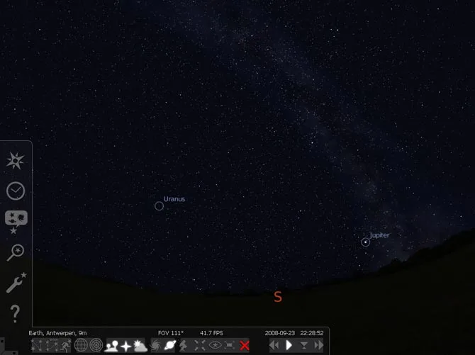 Historical Stellarium interface showing a star field, Uranus and Jupiter labels, and left and bottom toolbars