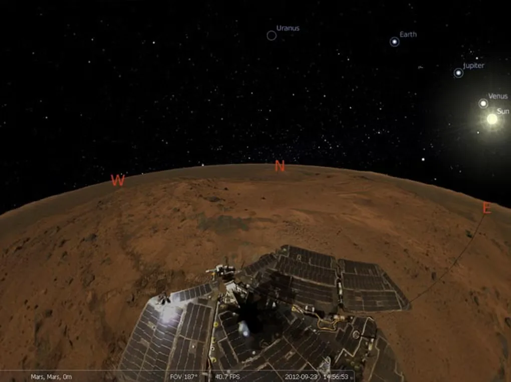 Historical Stellarium sky simulation from Mars with a rover panorama, labeled planets, compass directions and the bottom status bar.
