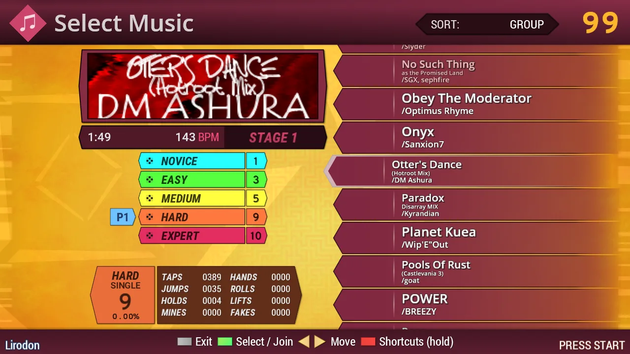 StepMania 5.1 Beta 2 Lambda Select Music screen with song list and chart difficulties; not the linked 5.0.12 interface