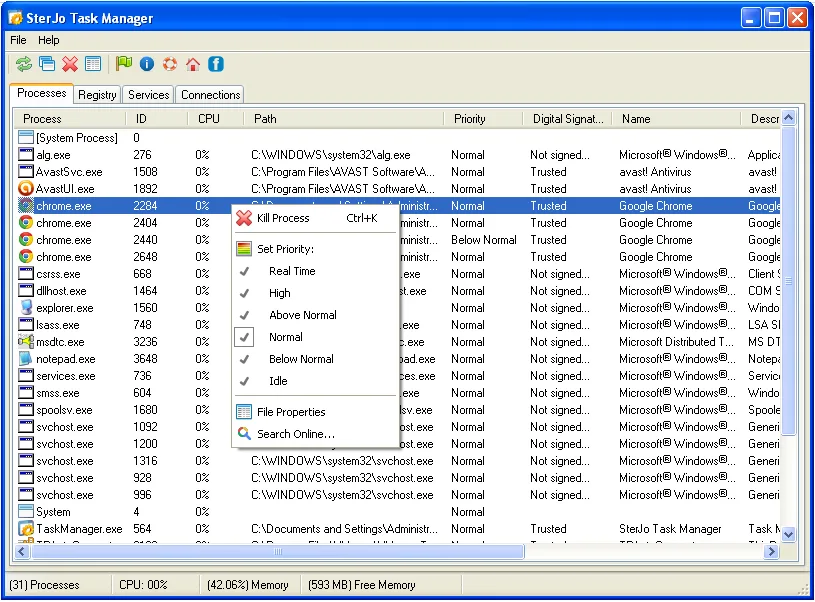SterJo Task Manager on legacy Windows, showing its process list and a context menu for process priority and termination.