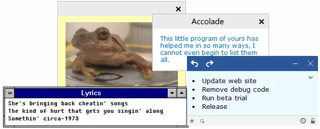 Stickies sample notes with a frog image, formatted lyrics, a short text note and a bulleted task list