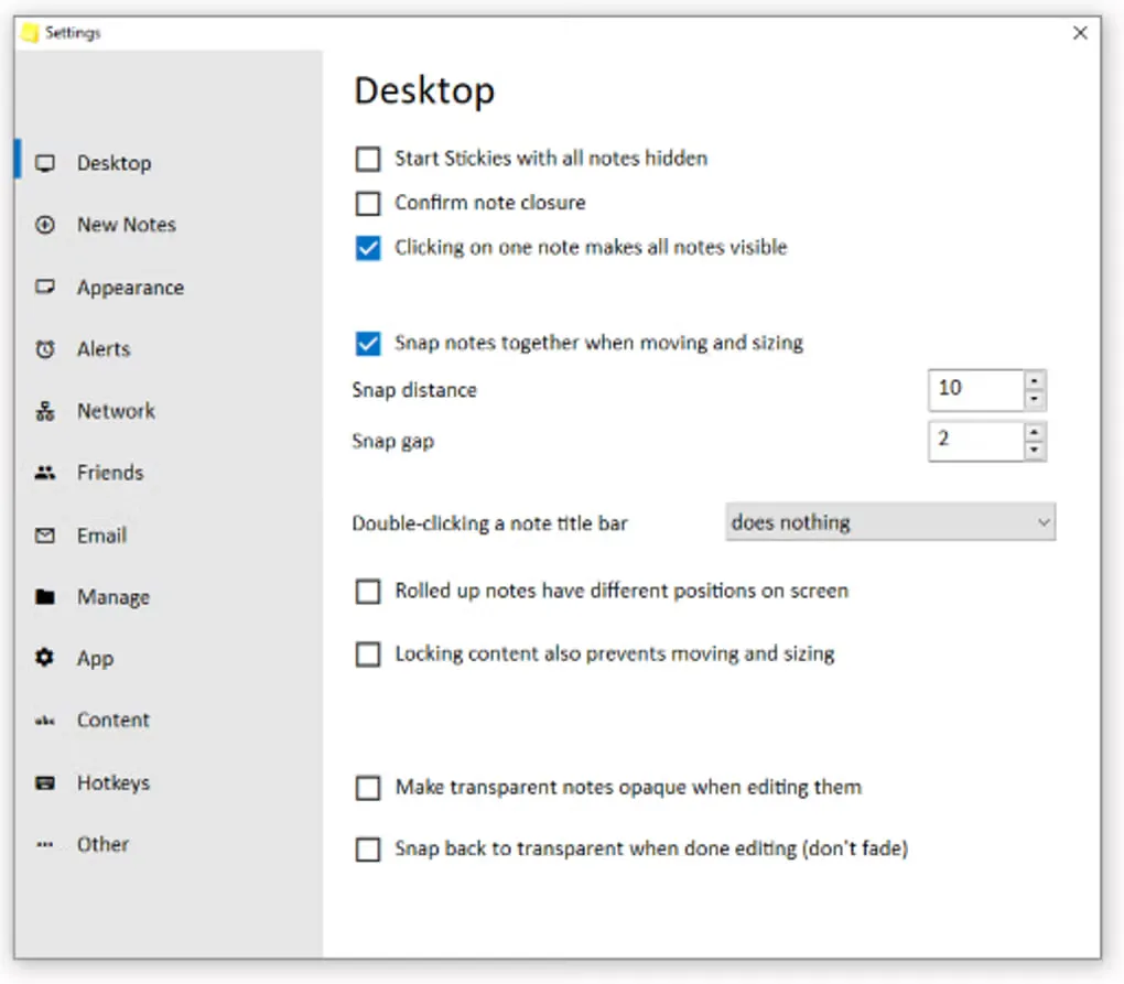 Stickies Settings window on the Desktop tab with note visibility, snapping and transparency controls