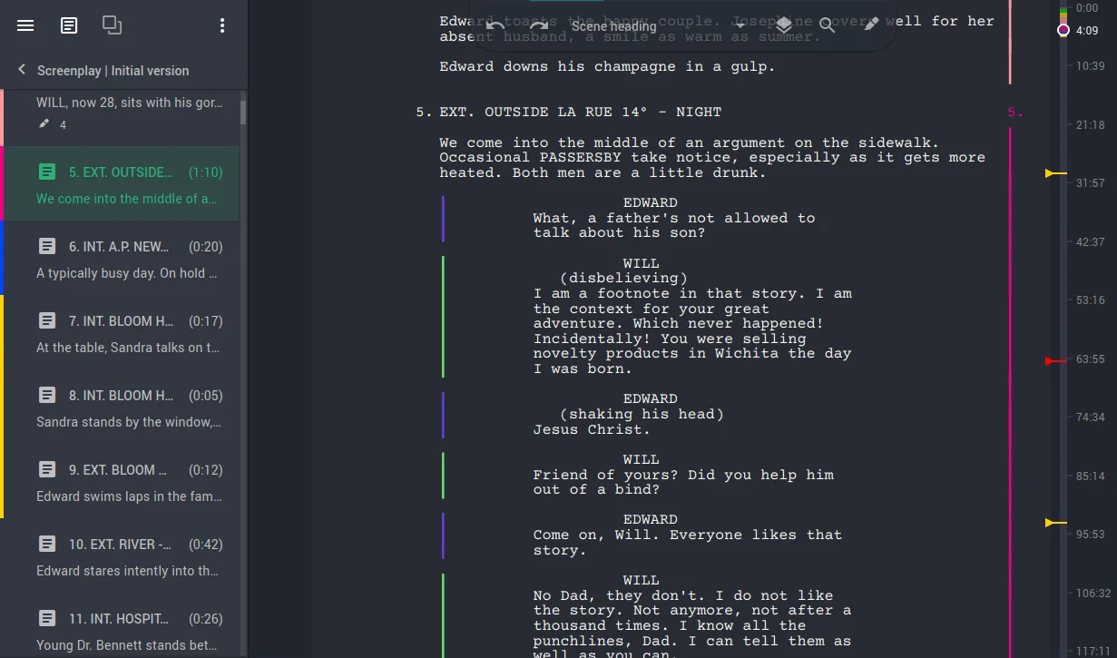 Story Architect dark screenplay editor with a scene list, formatted dialogue and a timeline at the right