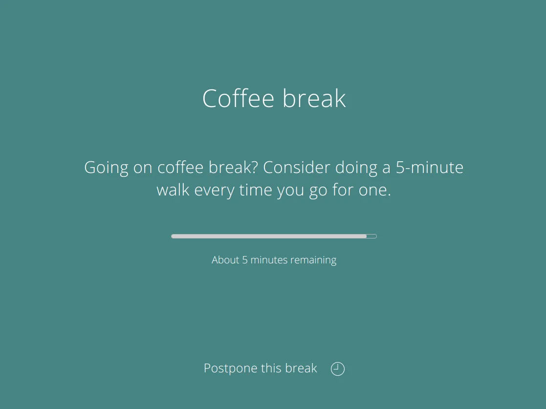 Publisher illustration of Stretchly's Long break window with a coffee-break suggestion, countdown and postpone control