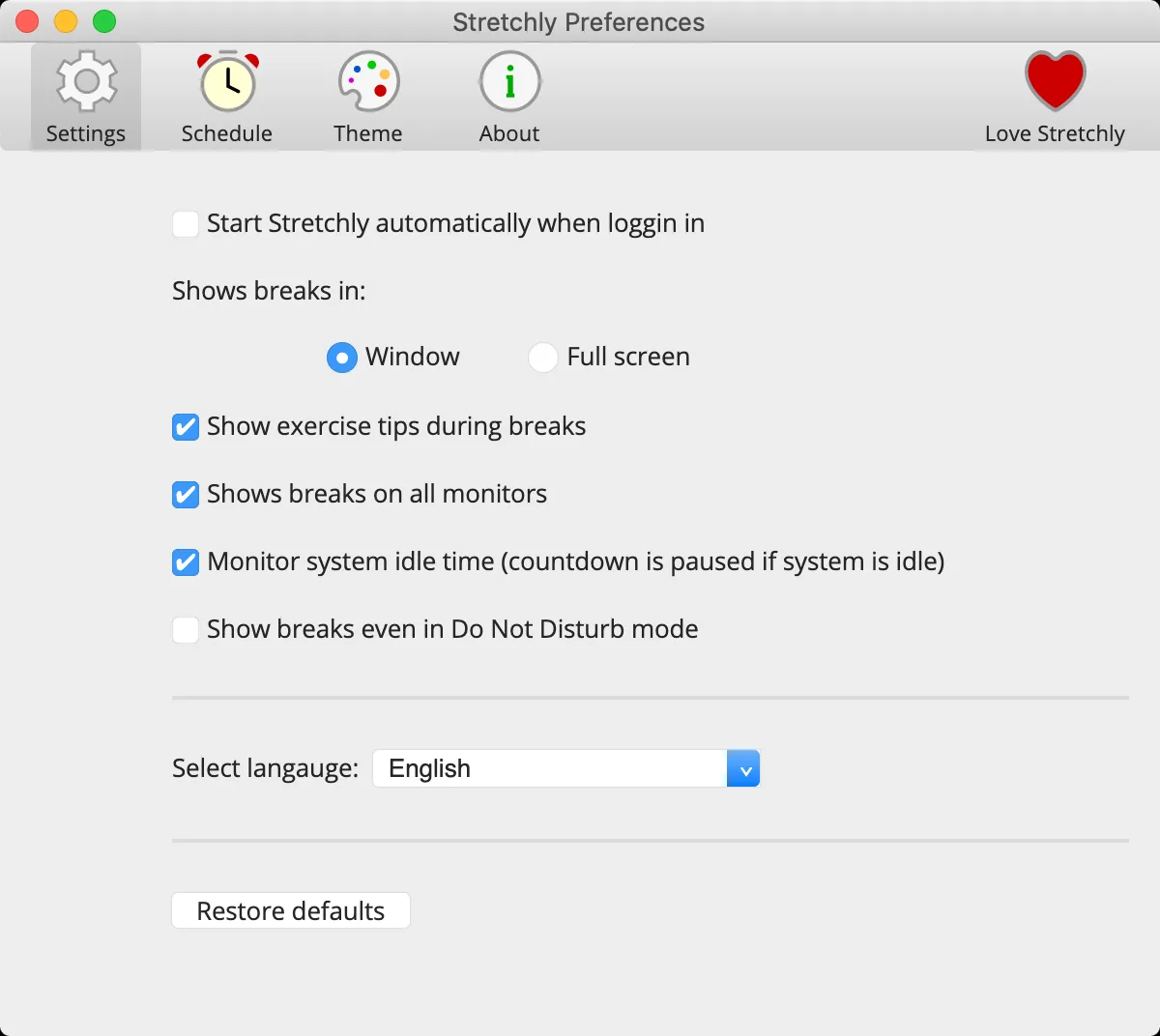 Publisher illustration of Stretchly Preferences with macOS-style controls, showing break display, idle monitoring and language settings