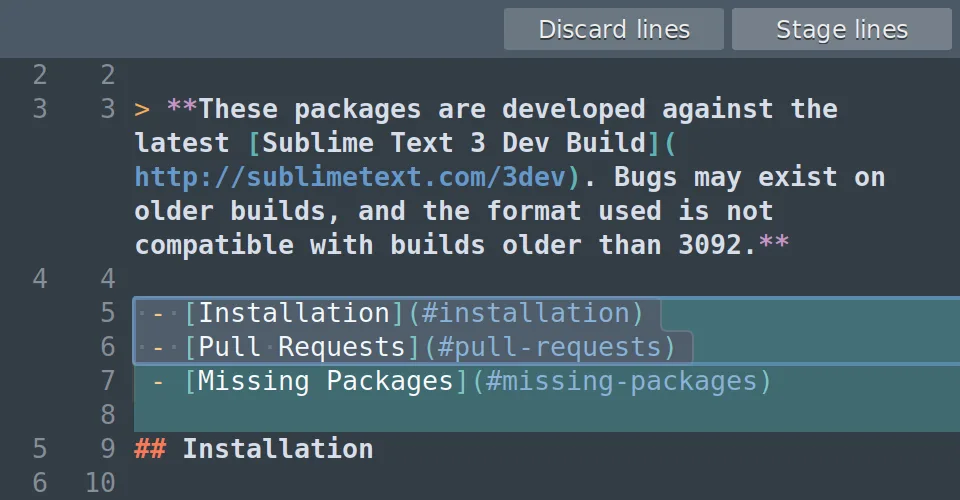 Sublime Merge line-staging interface with selected diff lines and Discard lines and Stage lines controls.