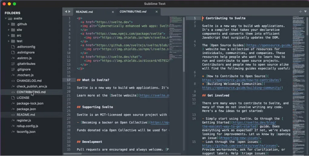 Sublime Text on Mac showing a Svelte project tree with README.md and CONTRIBUTING.md in side-by-side editor panes