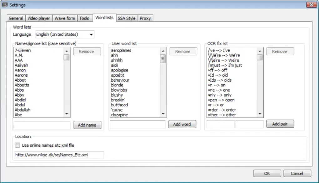 Earlier Subtitle Edit Windows interface in the Softonic gallery: Settings dialog with Word lists and OCR replacement pairs